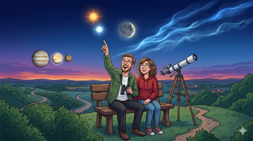 Ein paar sitzt auf einer Bank und beobachtet den Himmel: Mini-Planetenparade, Doppelstern Albireo, Mond-Schattengrenze sowie leuchtende Nachtwolken bei Dämmerlicht